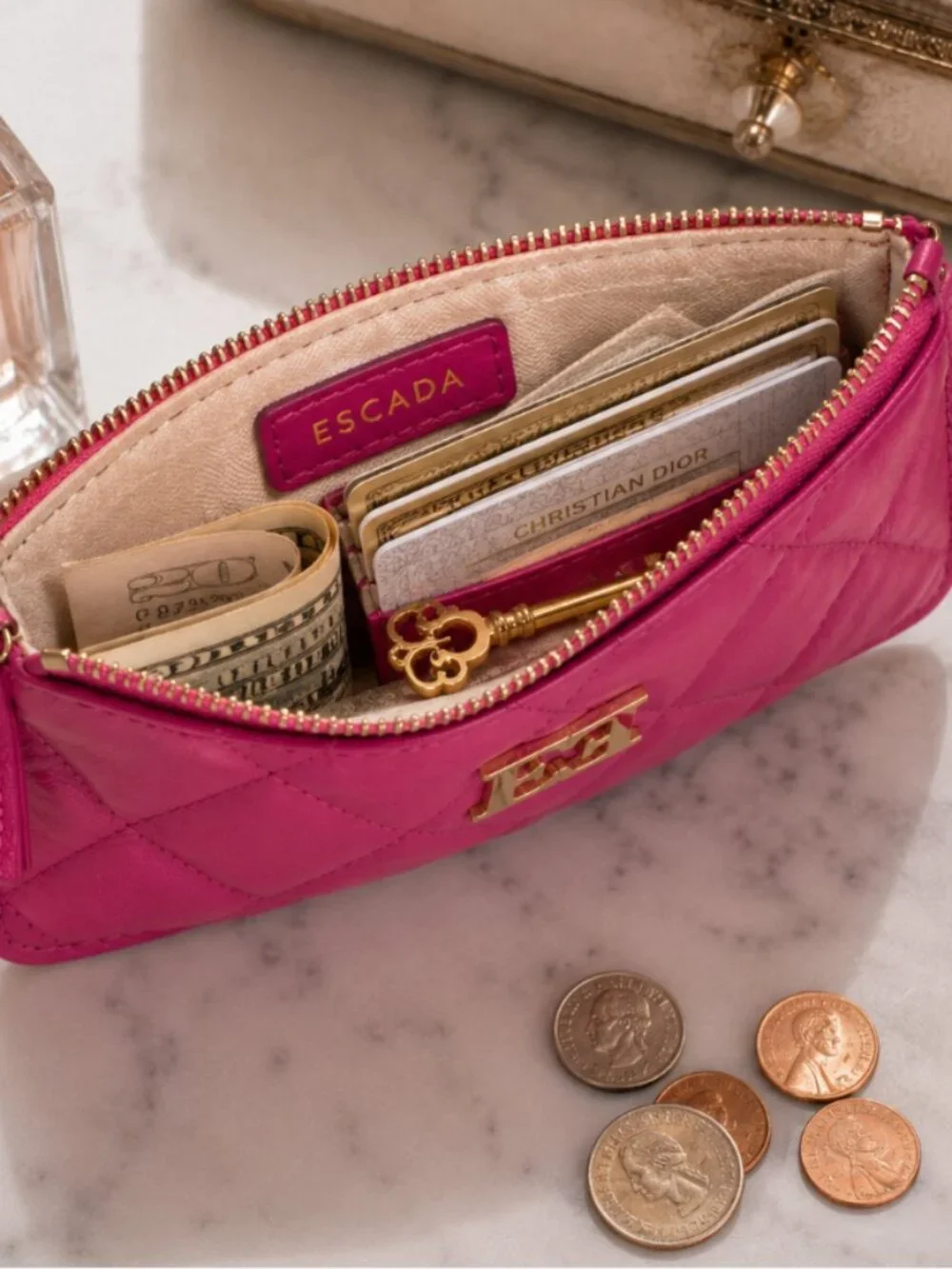 Escada Pink Quilted Leather Key Holder Coin Purse Card Case w/ Dust Bag Rare